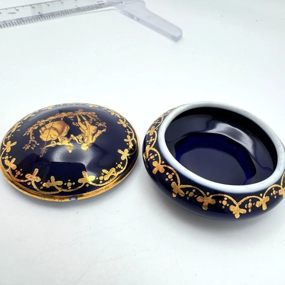 Limoges France Blue Courting Couple Trinket Pill Box Gold Trim Signed Vintage